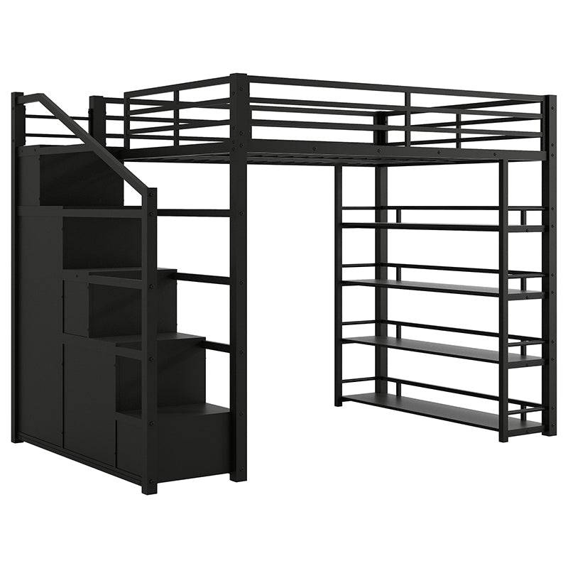 Bellemave® Full Size Metal Loft Bed with Storage Shelves, Cabinets and Wardrobe - Bellemave