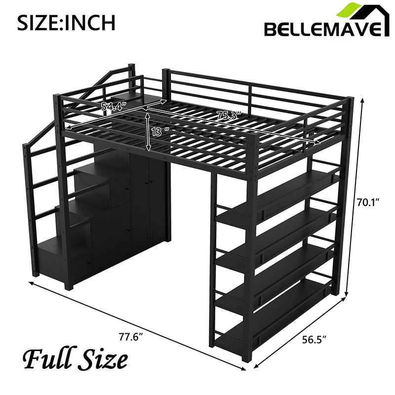 Bellemave® Full Size Metal Loft Bed with Storage Shelves, Cabinets and Wardrobe - Bellemave