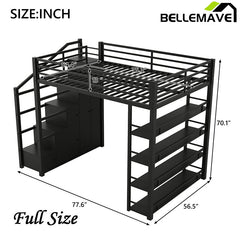 Bellemave® Full Size Metal Loft Bed with Storage Shelves, Cabinets and Wardrobe - Bellemave