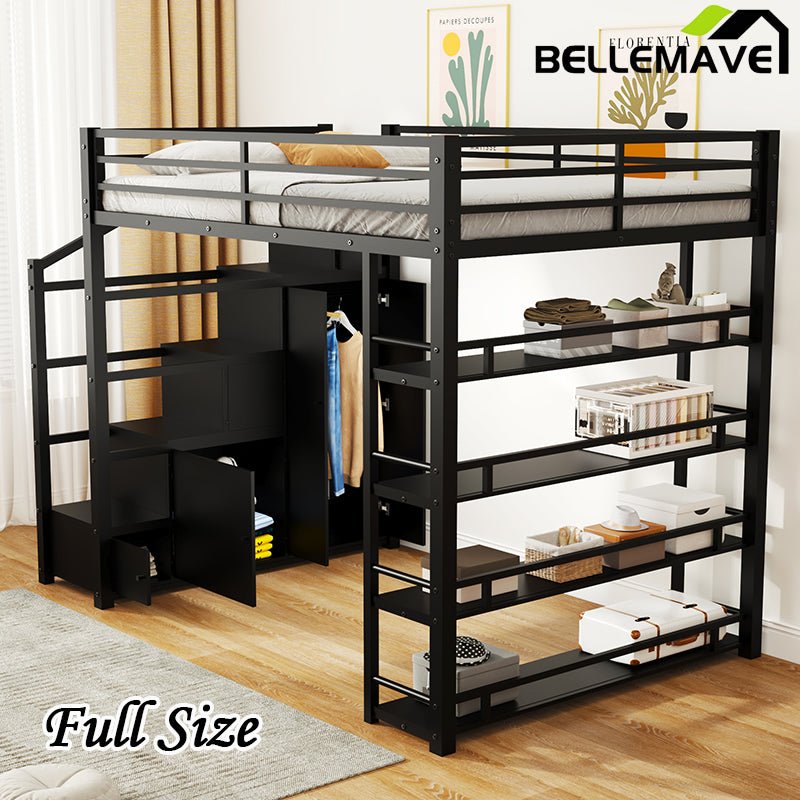 Bellemave® Full Size Metal Loft Bed with Storage Shelves, Cabinets and Wardrobe - Bellemave