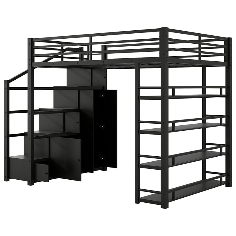 Bellemave® Full Size Metal Loft Bed with Storage Shelves, Cabinets and Wardrobe - Bellemave