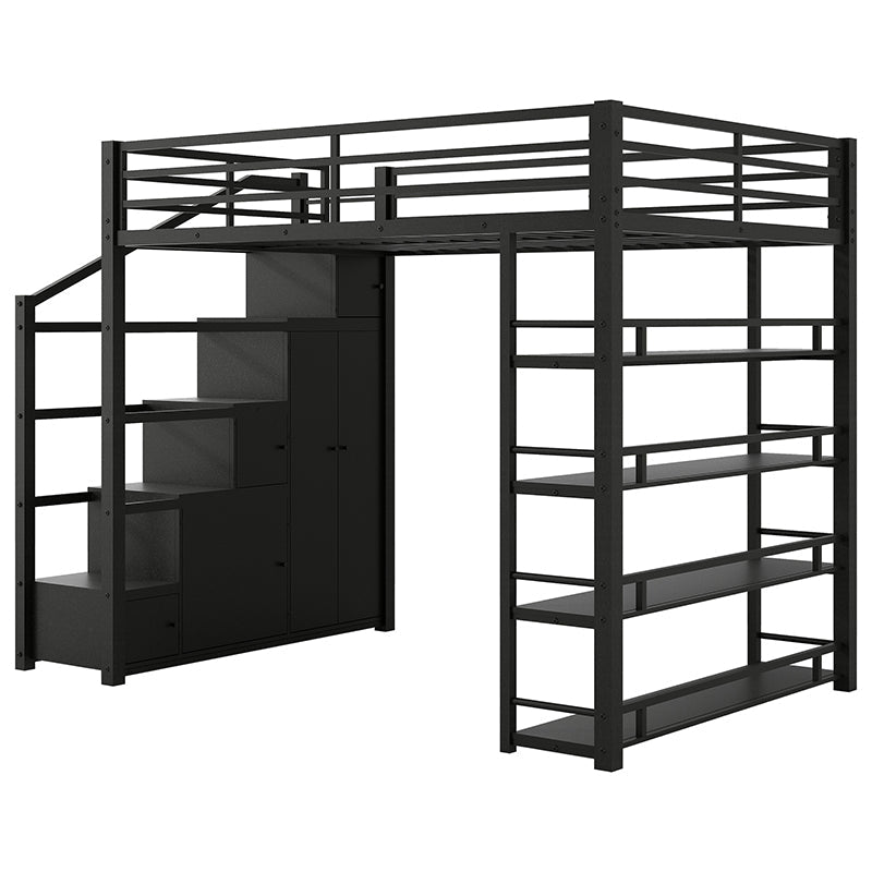 Bellemave® Full Size Metal Loft Bed with Storage Shelves, Cabinets and Wardrobe - Bellemave