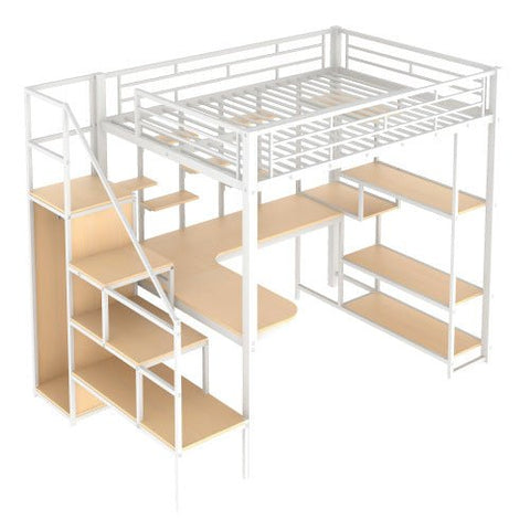 Bellemave® Full Size Metal Loft Bed with Storage Staircase and Small W