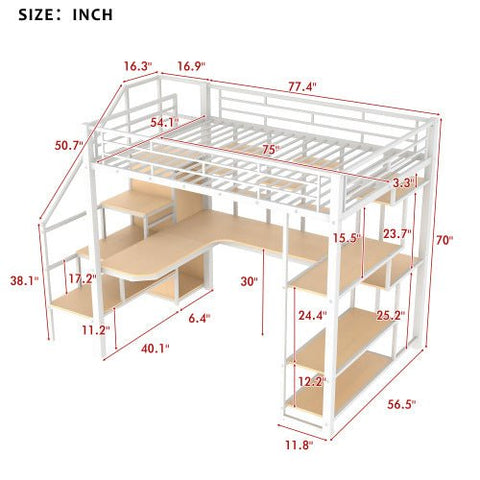 Bellemave® Full Size Metal Loft Bed with Storage Staircase and Small W