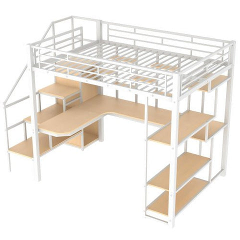 Bellemave® Full Size Metal Loft Bed with Storage Staircase and Small W