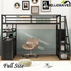 Bellemave® Full Size Metal Loft Bed with Storage Staircase and Wardrobe,Shelves and Lockers - Bellemave