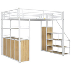 Bellemave® Full Size Metal Loft Bed with Storage Staircase and Wardrobe,Shelves and Lockers - Bellemave