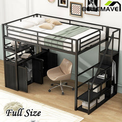 Bellemave® Full Size Metal Loft Bed with Storage Staircase and Wardrobe,Shelves and Lockers - Bellemave