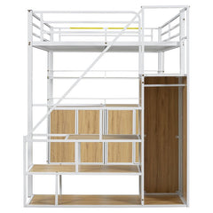 Bellemave® Full Size Metal Loft Bed with Storage Staircase and Wardrobe,Shelves and Lockers - Bellemave