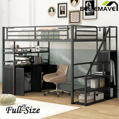 Bellemave® Full Size Metal Loft Bed with Storage Staircase and Wardrobe,Shelves and Lockers - Bellemave