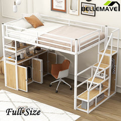 Bellemave® Full Size Metal Loft Bed with Storage Staircase and Wardrobe,Shelves and Lockers - Bellemave