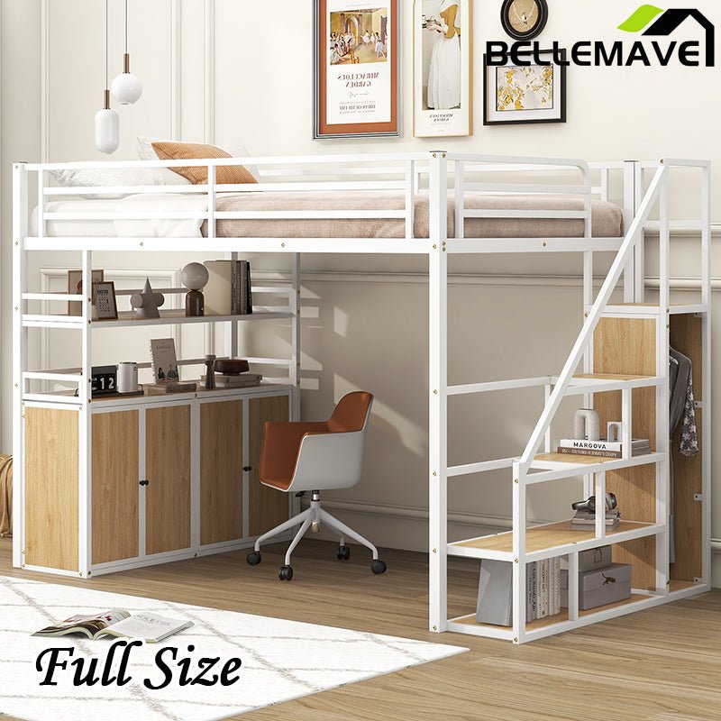 Bellemave® Full Size Metal Loft Bed with Storage Staircase and Wardrobe,Shelves and Lockers - Bellemave