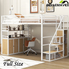Bellemave® Full Size Metal Loft Bed with Storage Staircase and Wardrobe,Shelves and Lockers - Bellemave