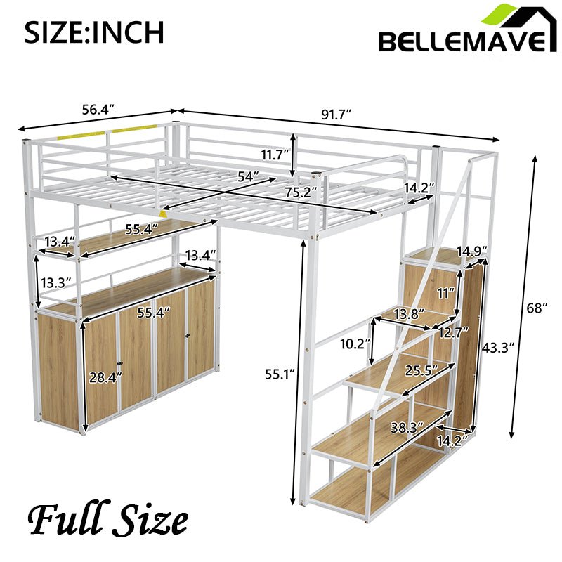 Bellemave® Full Size Metal Loft Bed with Storage Staircase and Wardrobe,Shelves and Lockers - Bellemave