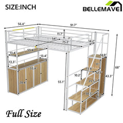 Bellemave® Full Size Metal Loft Bed with Storage Staircase and Wardrobe,Shelves and Lockers - Bellemave