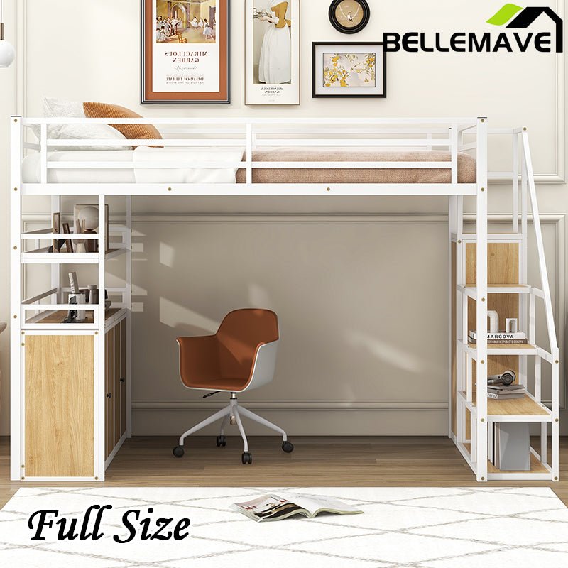 Bellemave® Full Size Metal Loft Bed with Storage Staircase and Wardrobe,Shelves and Lockers - Bellemave