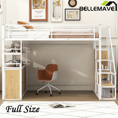 Bellemave® Full Size Metal Loft Bed with Storage Staircase and Wardrobe,Shelves and Lockers - Bellemave
