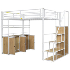 Bellemave® Full Size Metal Loft Bed with Storage Staircase and Wardrobe,Shelves and Lockers - Bellemave