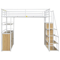 Bellemave® Full Size Metal Loft Bed with Storage Staircase and Wardrobe,Shelves and Lockers - Bellemave