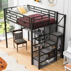 Bellemave® Full Size Metal Loft Bed with Wardrobe, Desk, Storage Shelves - Bellemave