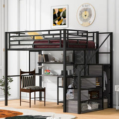 Bellemave® Full Size Metal Loft Bed with Wardrobe, Desk, Storage Shelves - Bellemave