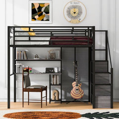 Bellemave® Full Size Metal Loft Bed with Wardrobe, Desk, Storage Shelves - Bellemave