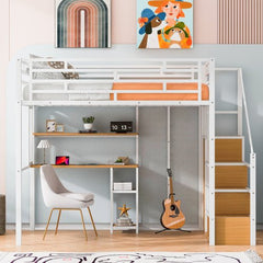 Bellemave® Full Size Metal Loft Bed with Wardrobe, Desk, Storage Shelves - Bellemave