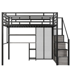 Bellemave® Full Size Metal Loft Bed with Wardrobe, Desk, Storage Shelves - Bellemave