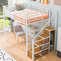 Bellemave® Full Size Metal Loft Bed with Wardrobe, Desk, Storage Shelves - Bellemave
