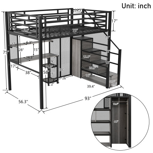 Bellemave® Full Size Metal Loft Bed with Wardrobe, Desk, Storage Shelves - Bellemave