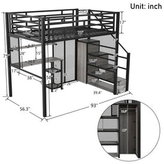 Bellemave® Full Size Metal Loft Bed with Wardrobe, Desk, Storage Shelves - Bellemave