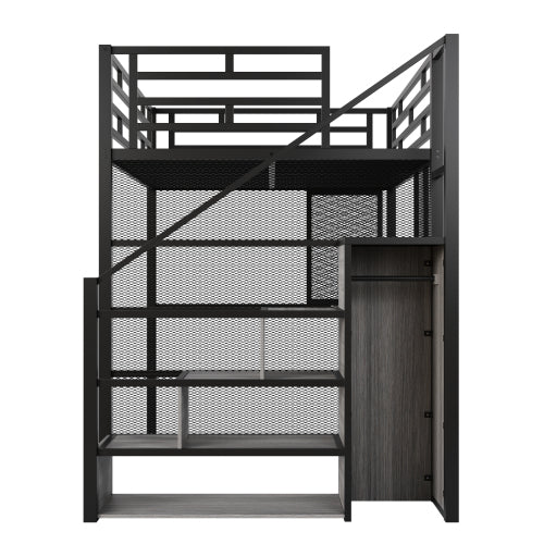 Bellemave® Full Size Metal Loft Bed with Wardrobe, Desk, Storage Shelves - Bellemave