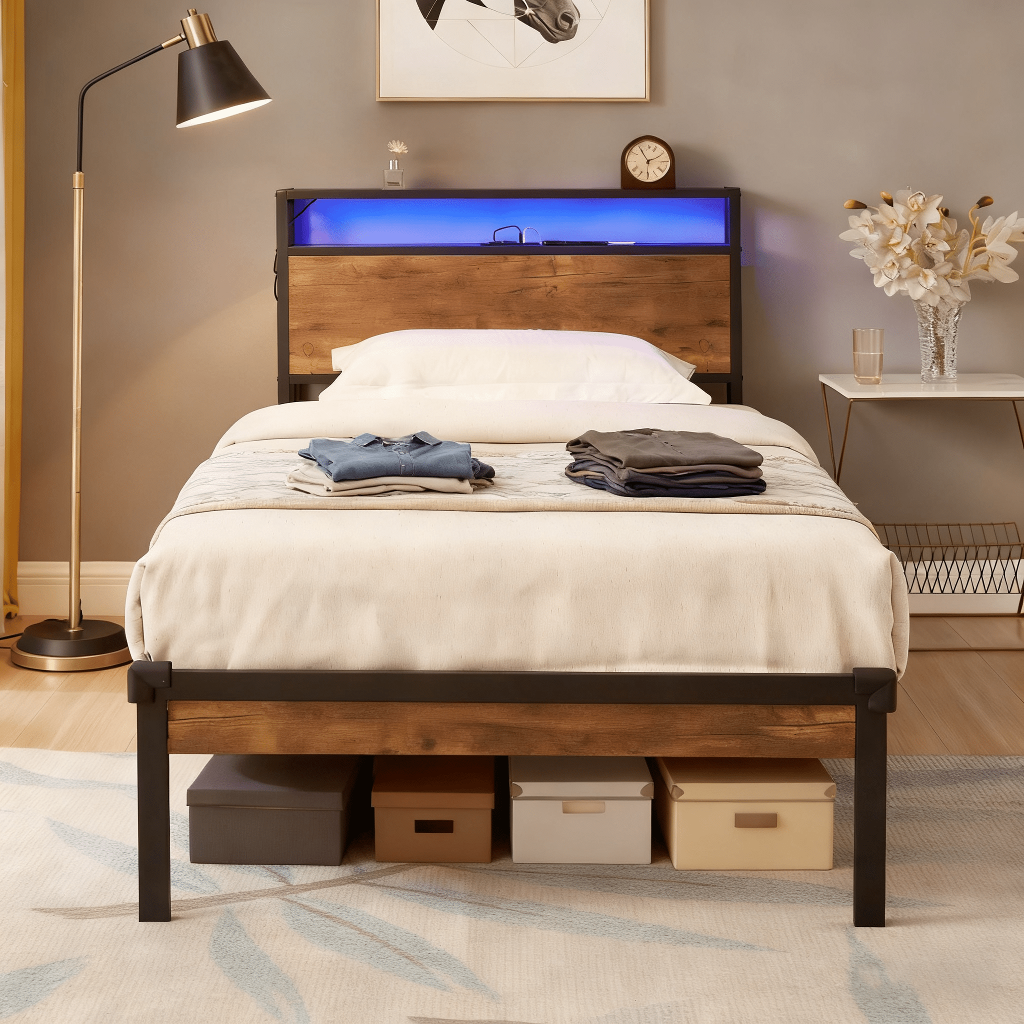 Bellemave® Full Size Metal Platform Bed Frame with Wooden Headboard and Footboard with USB LINER - Bellemave