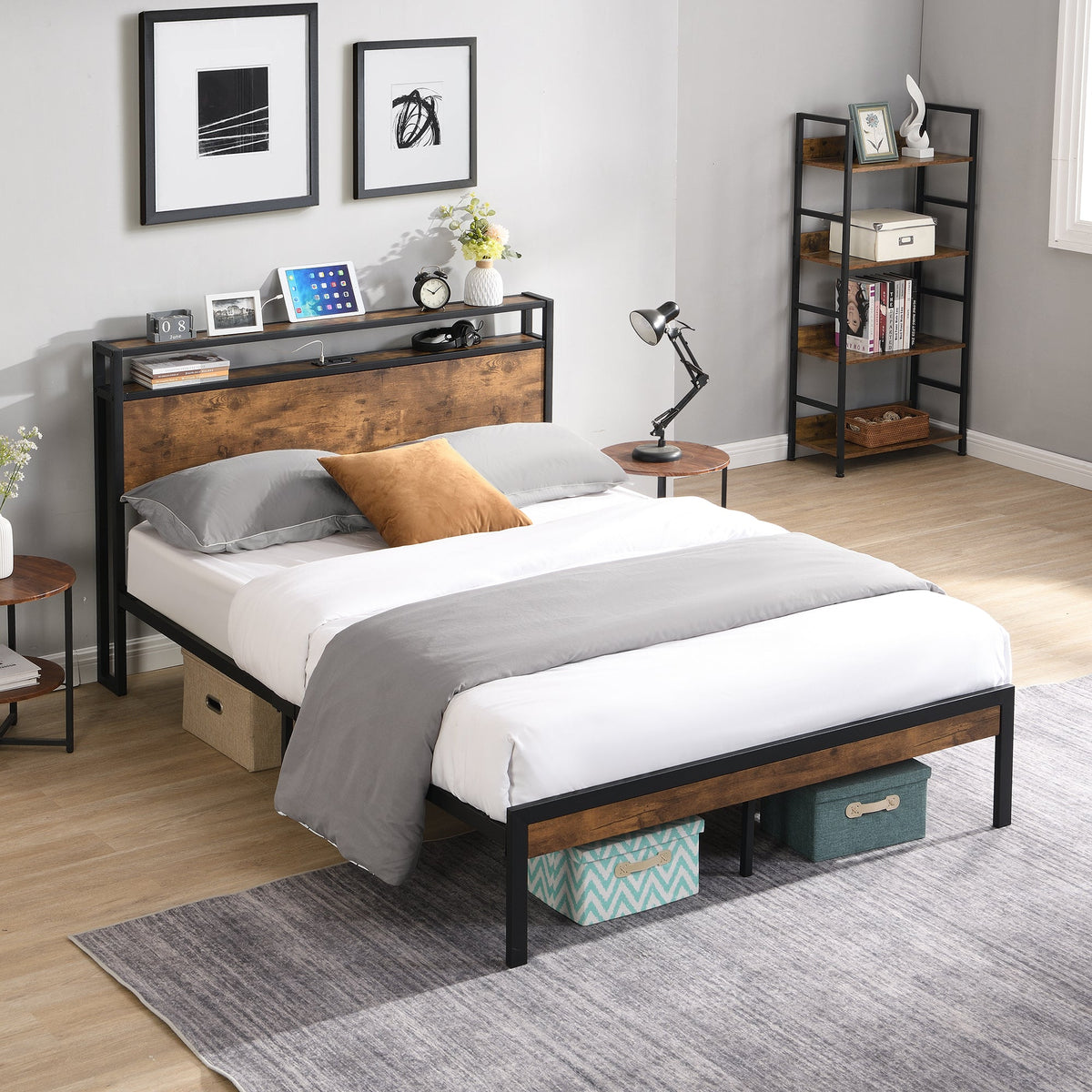 Bellemave® Full Size Metal Platform Bed Frame with Wooden Headboard and Footboard with USB LINER - Bellemave