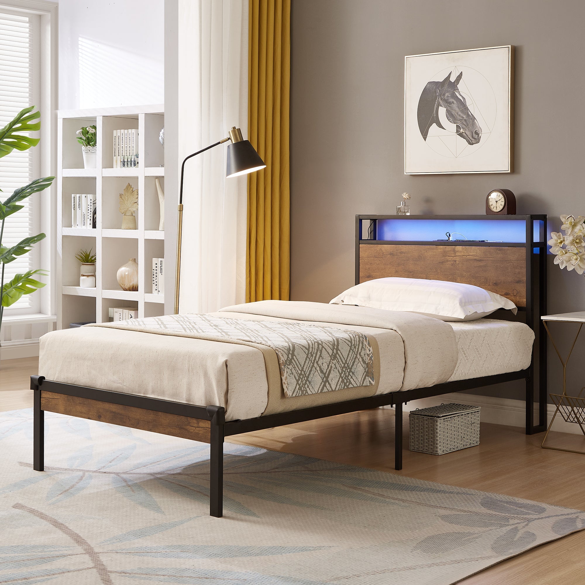 Bellemave® Full Size Metal Platform Bed Frame with Wooden Headboard and Footboard with USB LINER - Bellemave