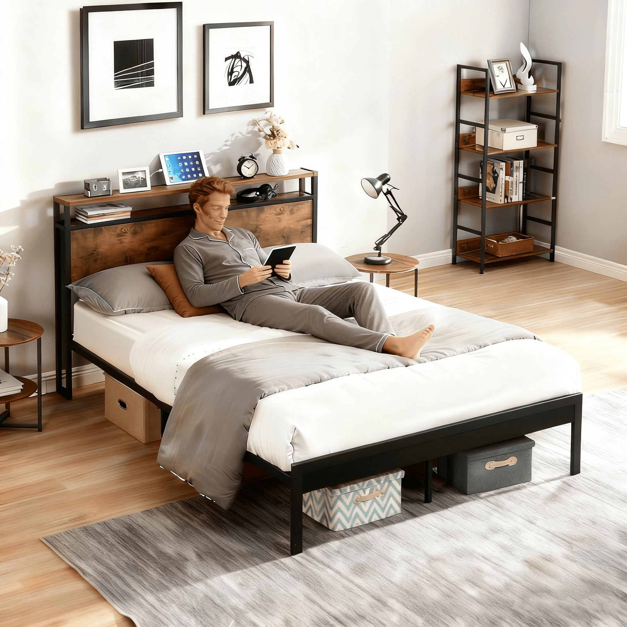 Bellemave® Full Size Metal Platform Bed Frame with Wooden Headboard and Footboard with USB LINER - Bellemave