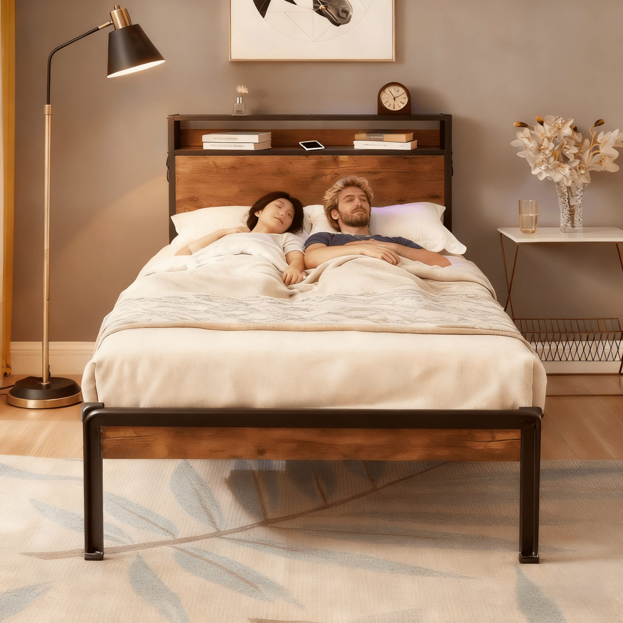 Bellemave® Full Size Metal Platform Bed Frame with Wooden Headboard and Footboard with USB LINER - Bellemave