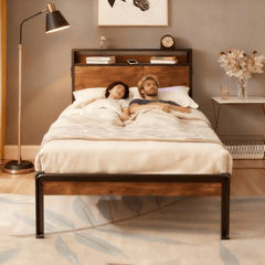 Bellemave® Full Size Metal Platform Bed Frame with Wooden Headboard and Footboard with USB LINER - Bellemave
