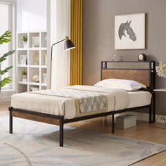 Bellemave® Full Size Metal Platform Bed Frame with Wooden Headboard and Footboard with USB LINER - Bellemave