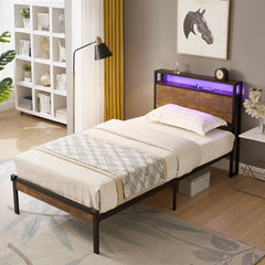Bellemave® Full Size Metal Platform Bed Frame with Wooden Headboard and Footboard with USB LINER - Bellemave