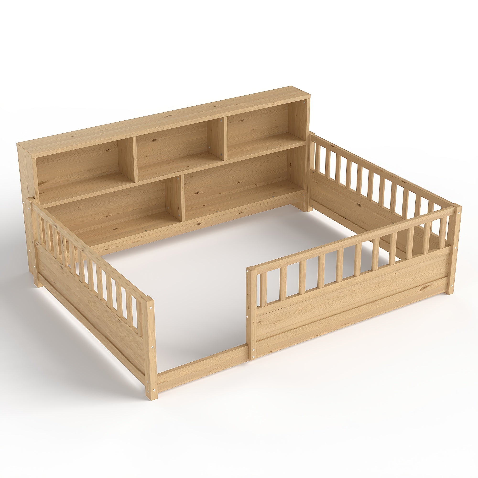 Bellemave® Full Size Montessori Floor Bed with Bookcase, Full Floor Bed with High Fence and Storage Shelves for Girls, Boys, White - Bellemave