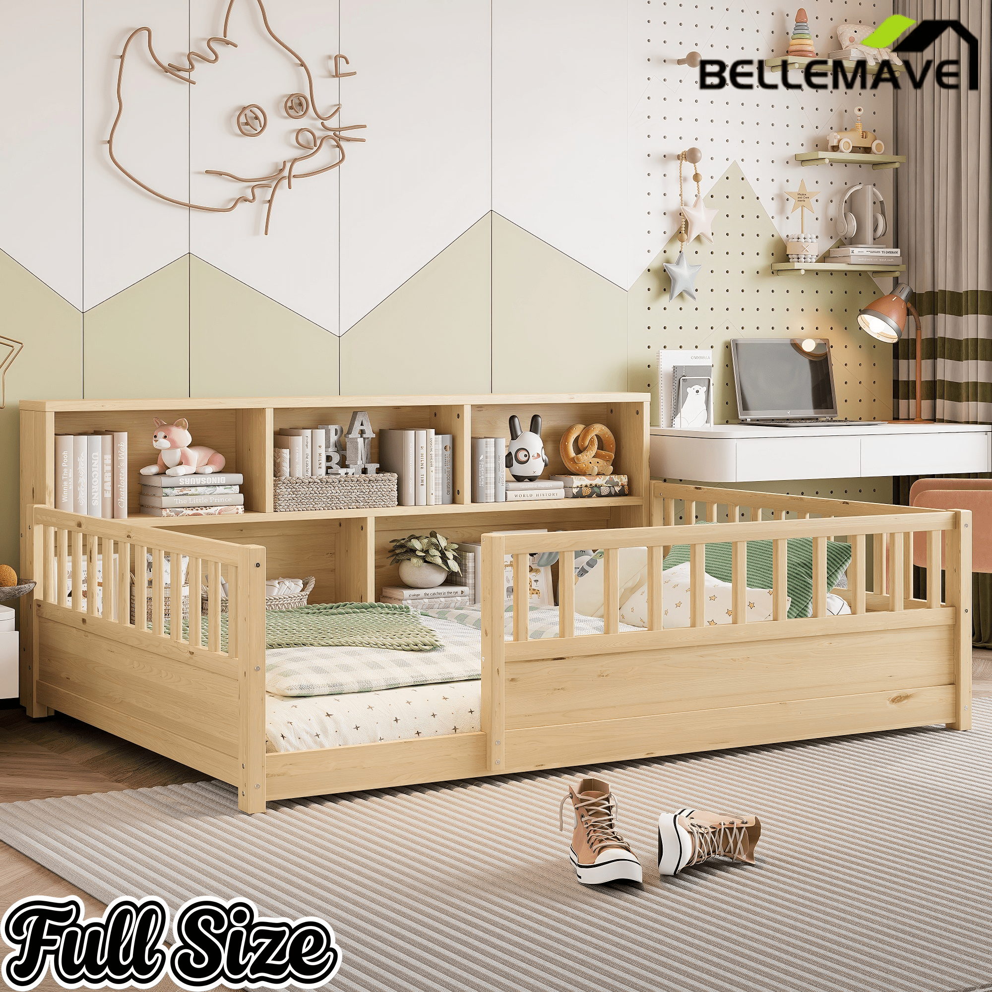 Bellemave® Full Size Montessori Floor Bed with Bookcase, Full Floor Bed with High Fence and Storage Shelves for Girls, Boys, White - Bellemave