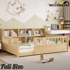 Bellemave® Full Size Montessori Floor Bed with Bookcase, Full Floor Bed with High Fence and Storage Shelves for Girls, Boys, White - Bellemave