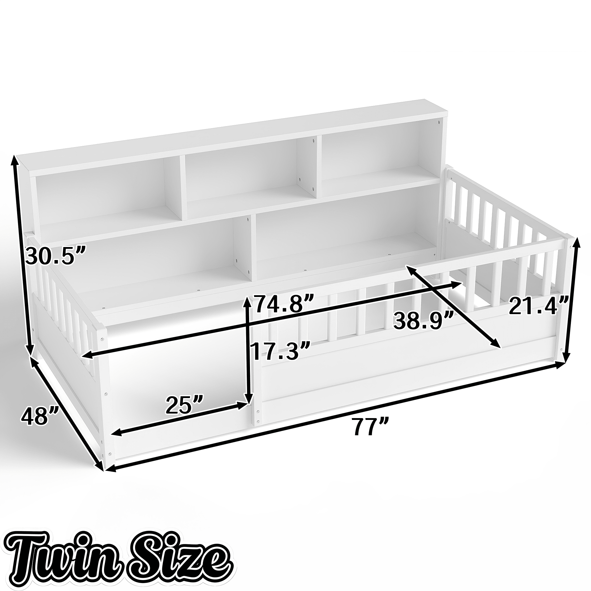 Bellemave® Full Size Montessori Floor Bed with Bookcase, Full Floor Bed with High Fence and Storage Shelves for Girls, Boys, White - Bellemave