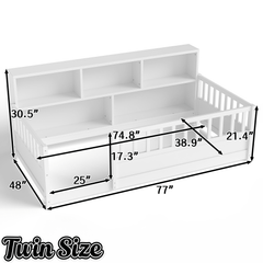 Bellemave® Full Size Montessori Floor Bed with Bookcase, Full Floor Bed with High Fence and Storage Shelves for Girls, Boys, White - Bellemave