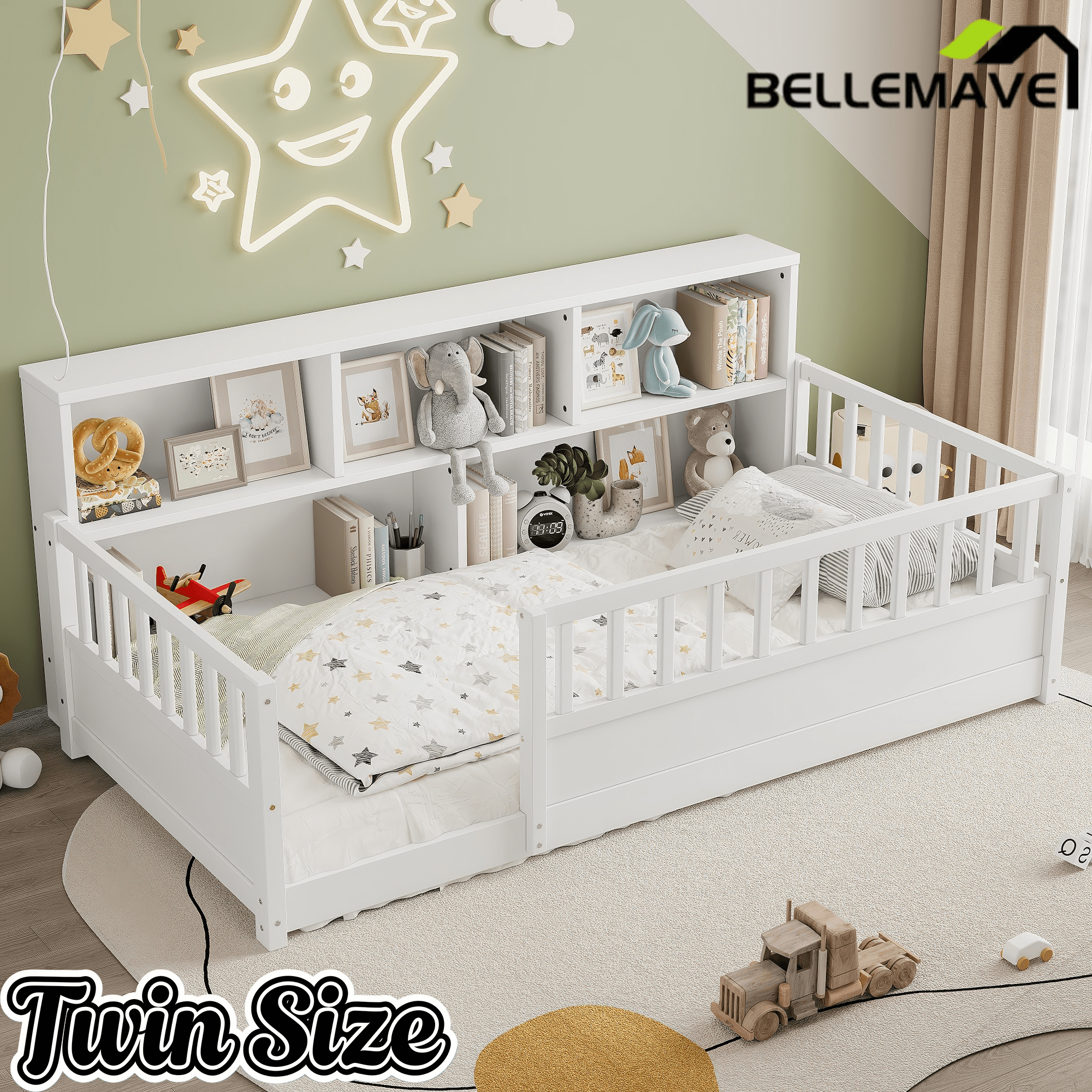 Bellemave® Full Size Montessori Floor Bed with Bookcase, Full Floor Bed with High Fence and Storage Shelves for Girls, Boys, White - Bellemave
