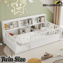 Bellemave® Full Size Montessori Floor Bed with Bookcase, Full Floor Bed with High Fence and Storage Shelves for Girls, Boys, White - Bellemave