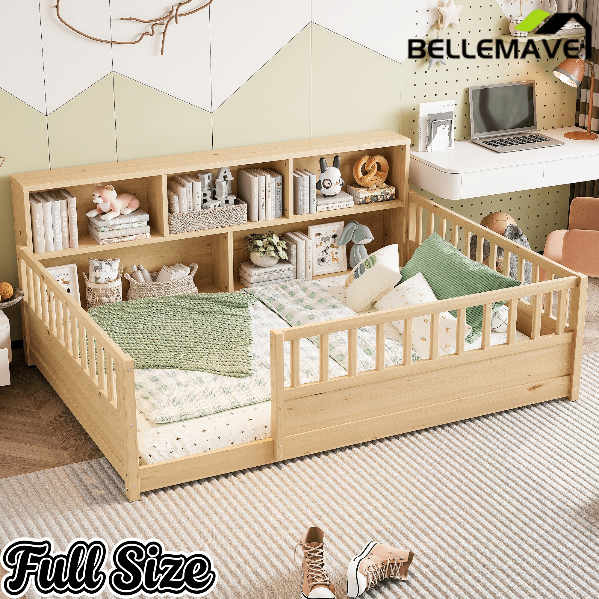 Bellemave® Full Size Montessori Floor Bed with Bookcase, Full Floor Bed with High Fence and Storage Shelves for Girls, Boys, White - Bellemave
