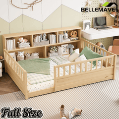 Bellemave® Full Size Montessori Floor Bed with Bookcase, Full Floor Bed with High Fence and Storage Shelves for Girls, Boys, White - Bellemave