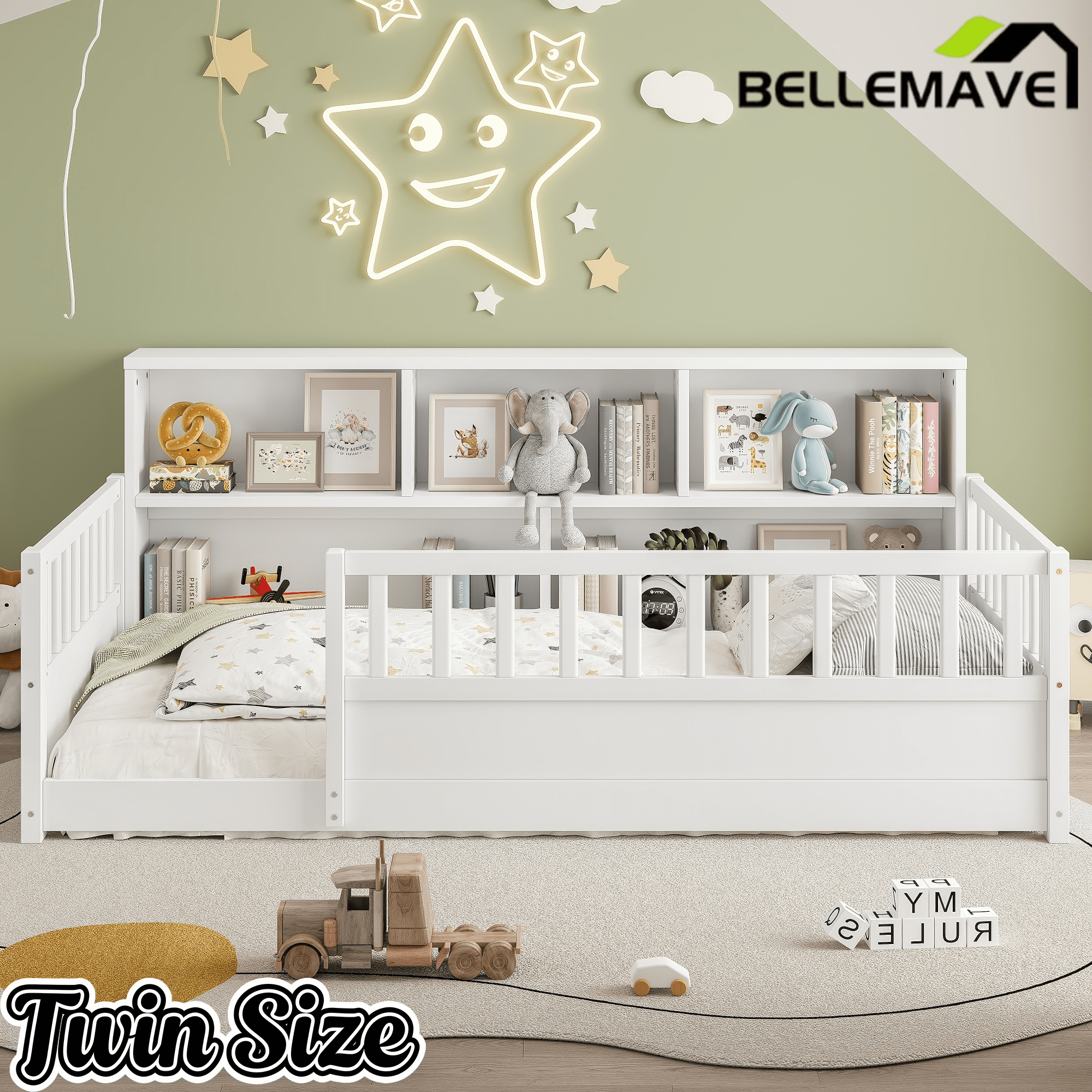 Bellemave® Full Size Montessori Floor Bed with Bookcase, Full Floor Bed with High Fence and Storage Shelves for Girls, Boys, White - Bellemave